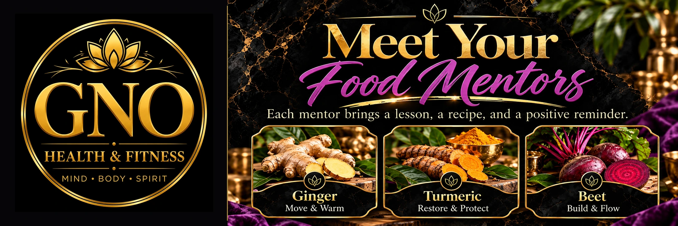 Original GNO application Food Mentors feature banner with the GNO emblem and Ginger, Turmeric and Beet