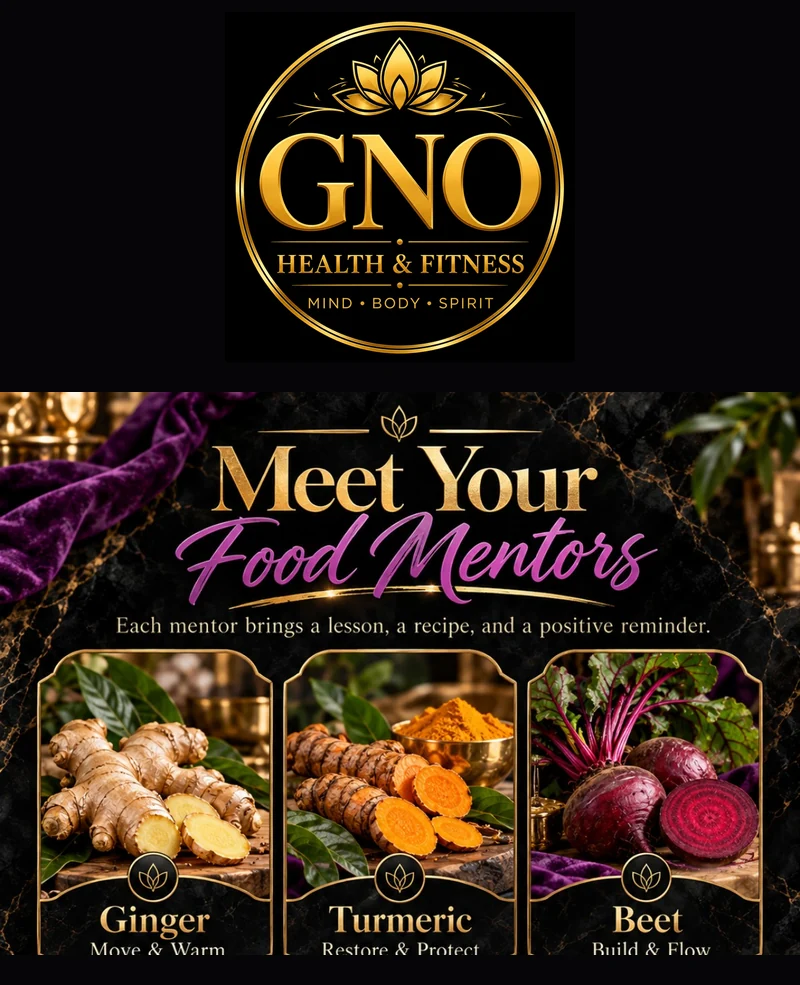 Original GNO application banner titled Meet Your Food Mentors showing Ginger, Turmeric and Beet as ingredients