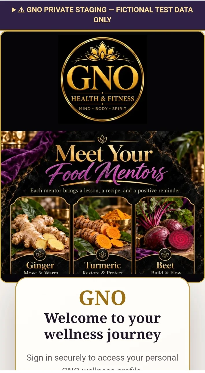 Unedited GNO private staging interface below the mobile browser controls: purple staging warning, official GNO gold logo, Meet Your Food Mentors artwork and welcome screen