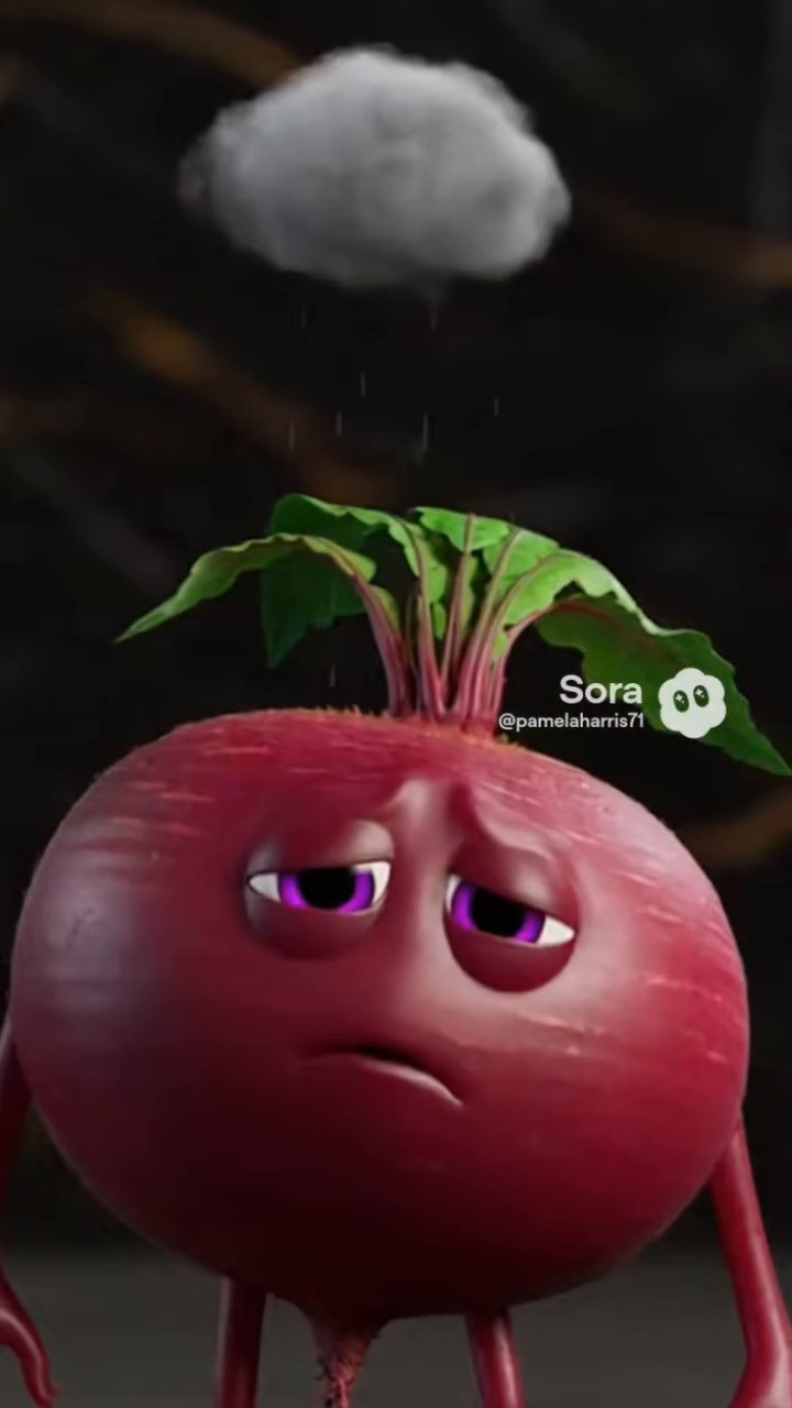 Original GNO animated Beet character, a deep burgundy beet with a leafy crown and calm expression beneath a small rain cloud