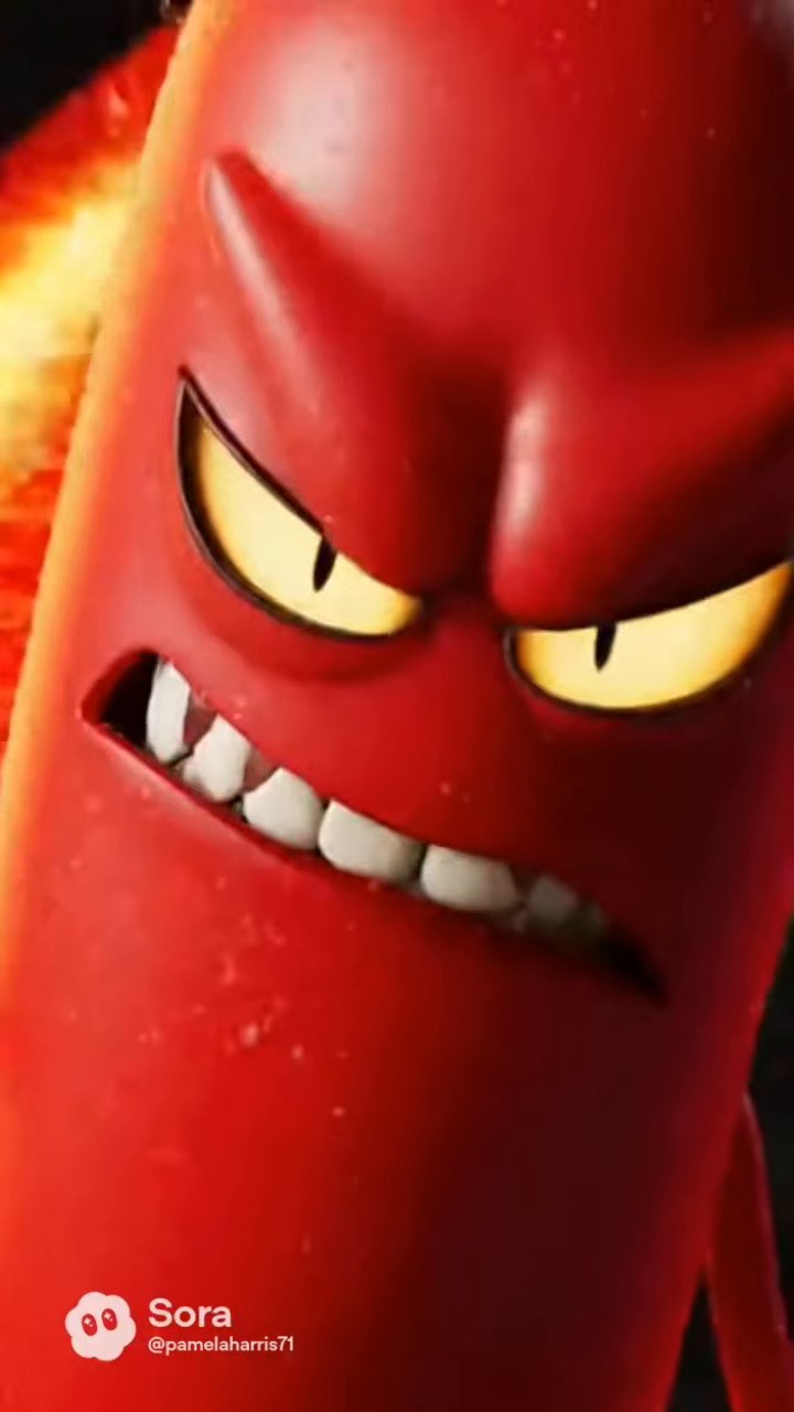 Original GNO animated Chili character, a vivid red chili pepper with pointed yellow eyes and a fierce expression
