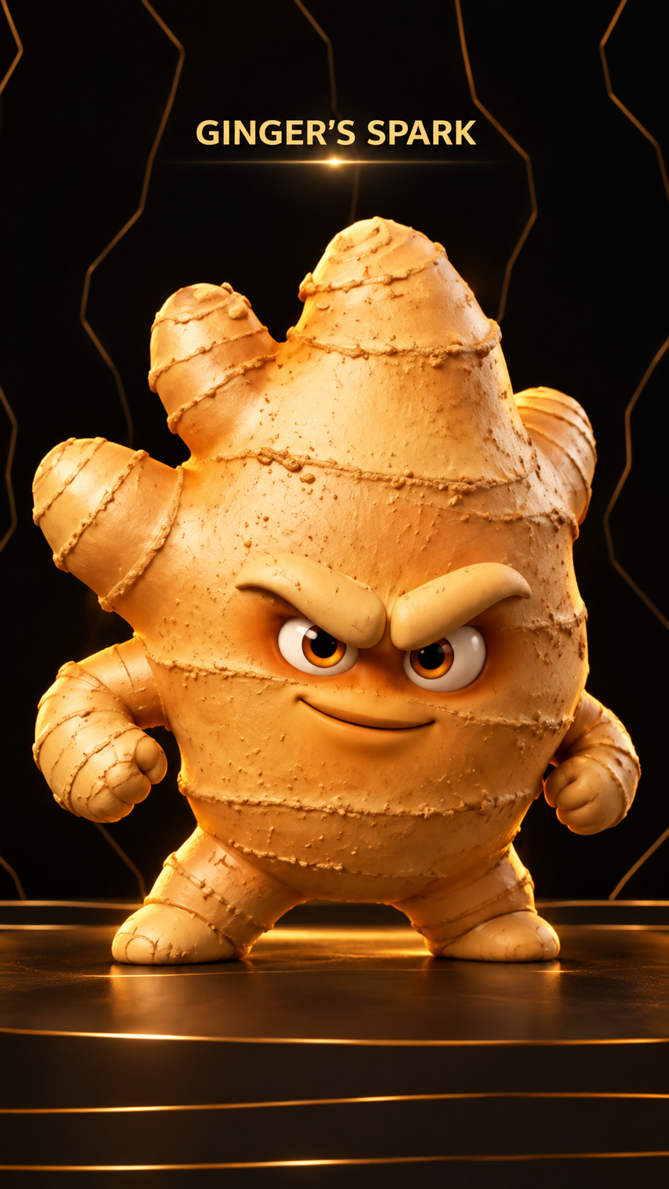 Ginger, a bright golden branching root with fiery expressive eyebrows, standing on a black-and-gold set